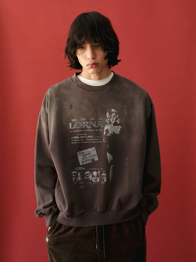 RECORDS INC. LORNA* Washed Graphic Crewneck Sweatshirt
