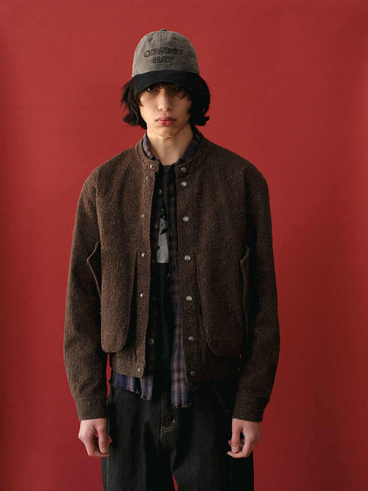 RECORDS INC. LEO Washed Distressed Leopard Stand-Collar Jacket