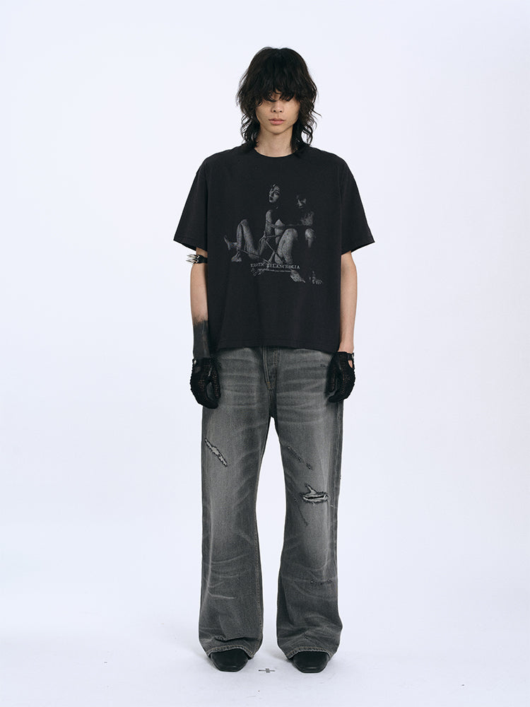 RECORDS INC. ALONZO* BLOW-OUT Gray Heavily Distressed Jean