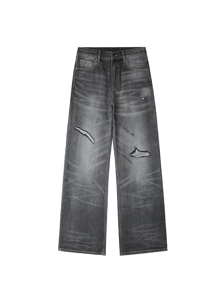RECORDS INC. ALONZO* BLOW-OUT Gray Heavily Distressed Jean