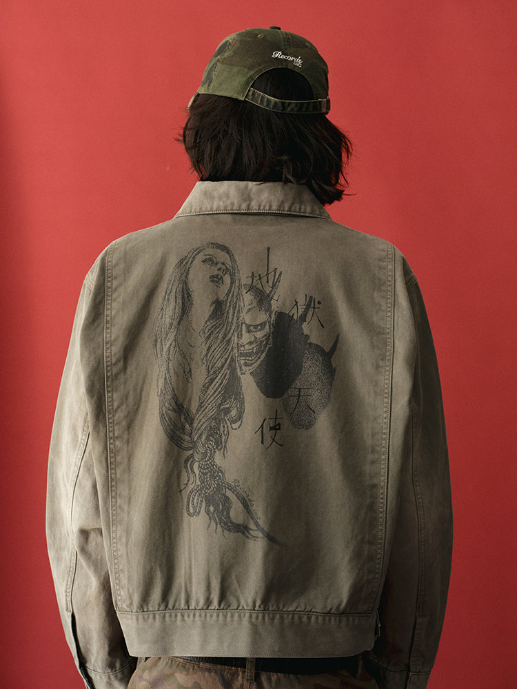 RECORDS INC. Washed Distressed Racing Jacket