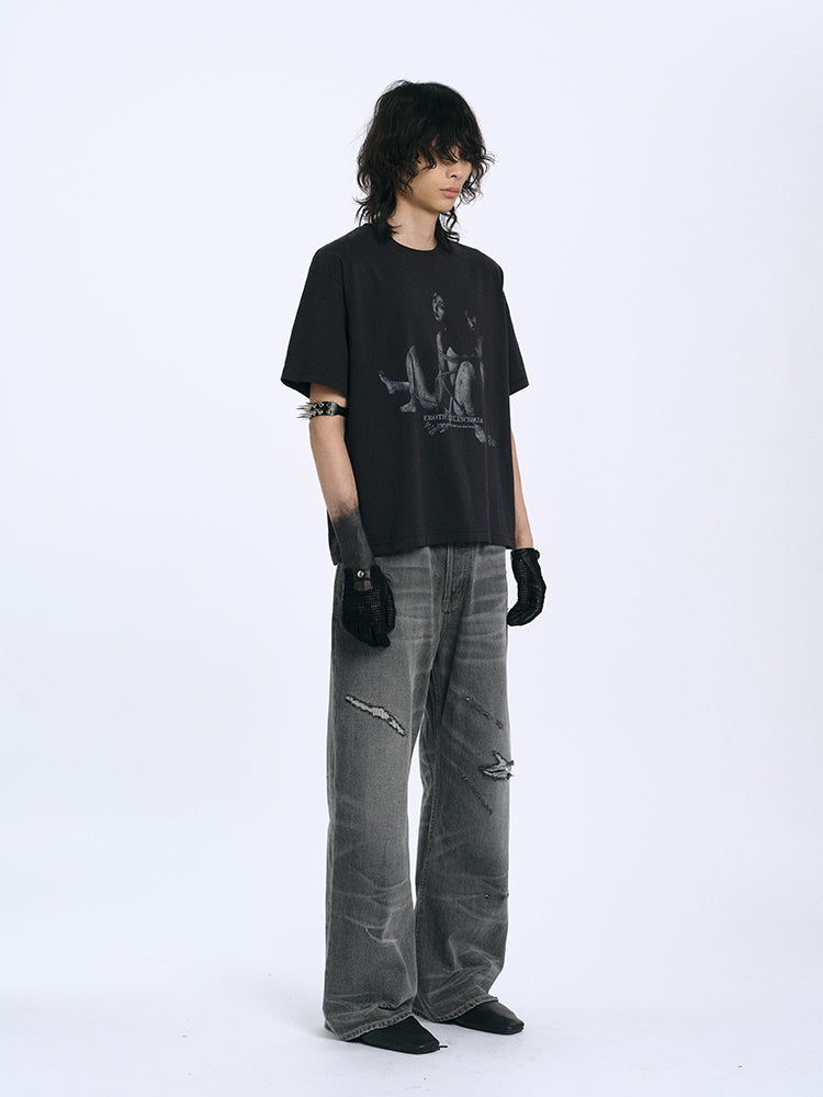 RECORDS INC. ALONZO* BLOW-OUT Gray Heavily Distressed Jean