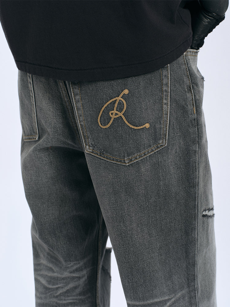RECORDS INC. ALONZO* BLOW-OUT Gray Heavily Distressed Jean