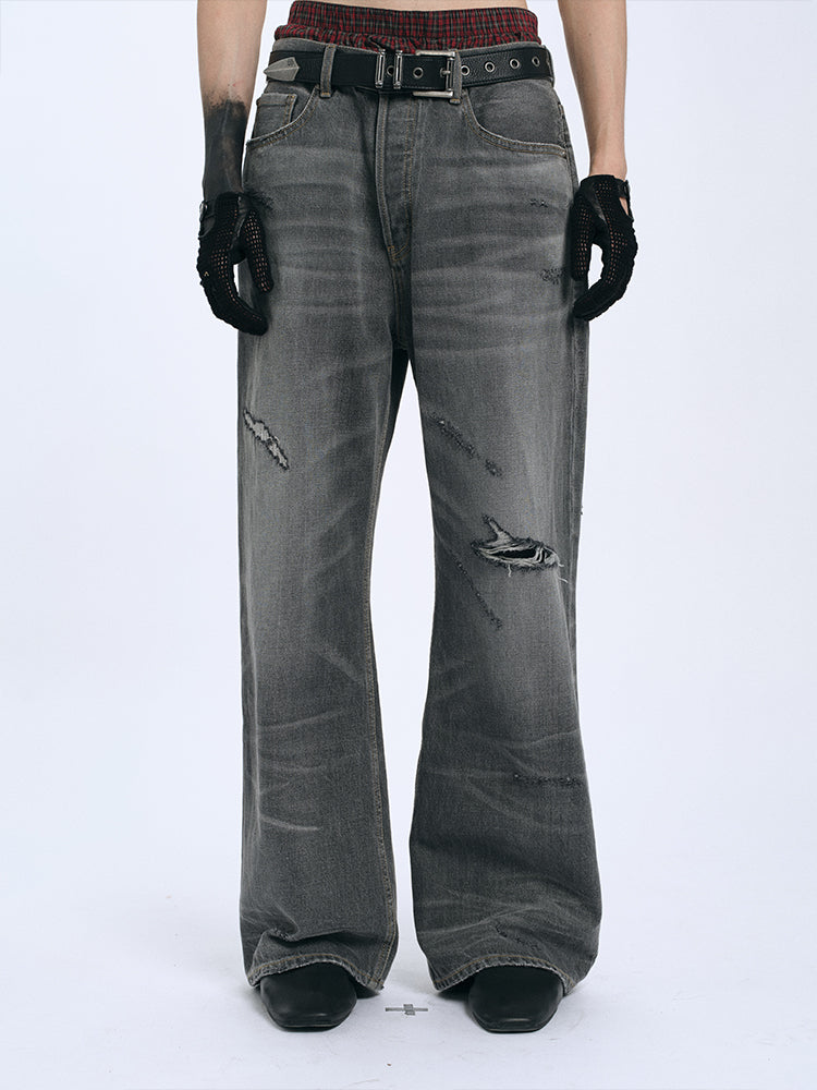 RECORDS INC. ALONZO* BLOW-OUT Gray Heavily Distressed Jean