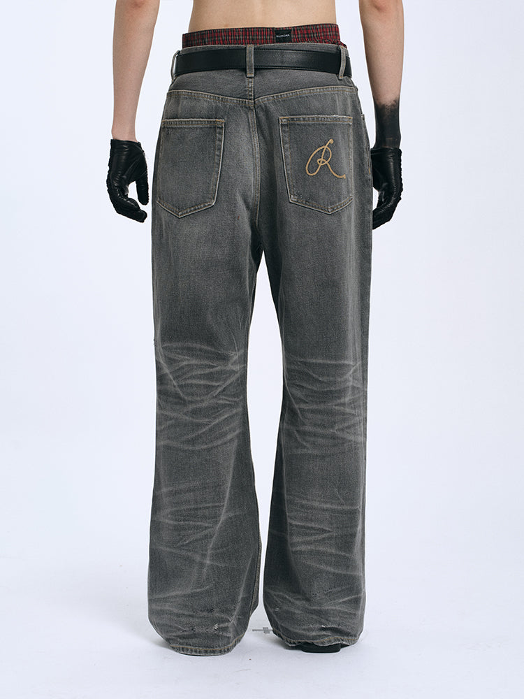RECORDS INC. ALONZO* BLOW-OUT Gray Heavily Distressed Jean