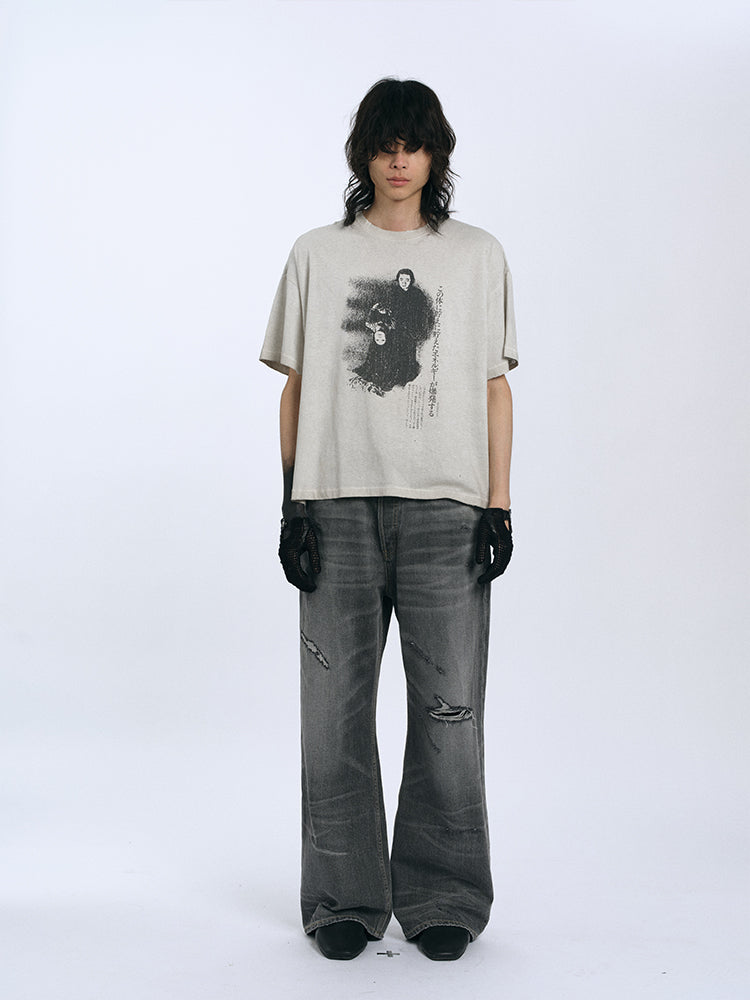 RECORDS INC. ALONZO* BLOW-OUT Gray Heavily Distressed Jean