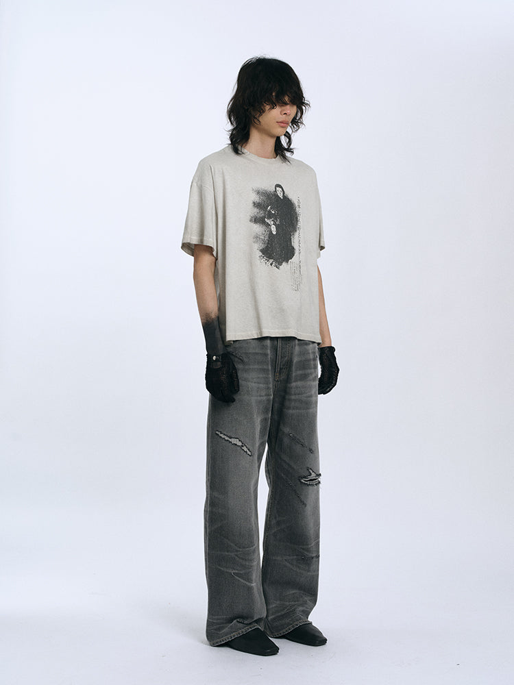 RECORDS INC. ALONZO* BLOW-OUT Gray Heavily Distressed Jean
