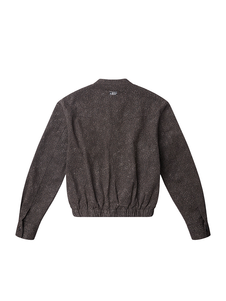 RECORDS INC. LEO Washed Distressed Leopard Stand-Collar Jacket