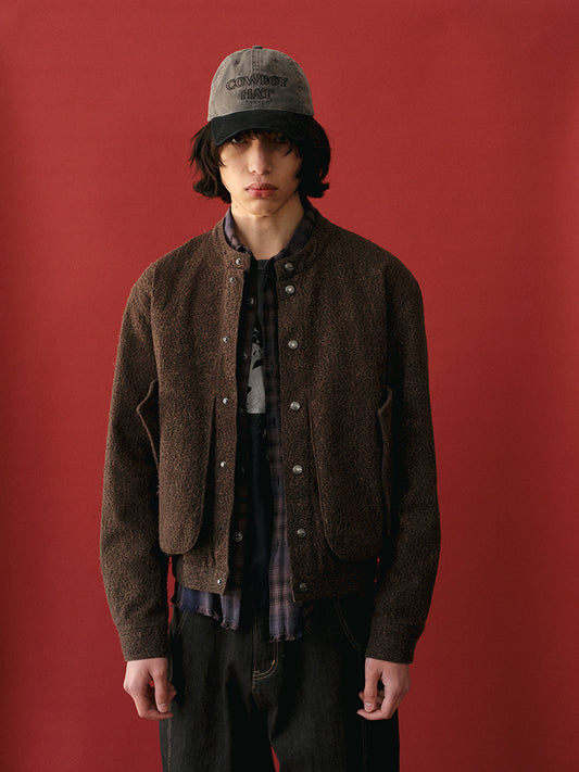 RECORDS INC. LEO Washed Distressed Leopard Stand-Collar Jacket