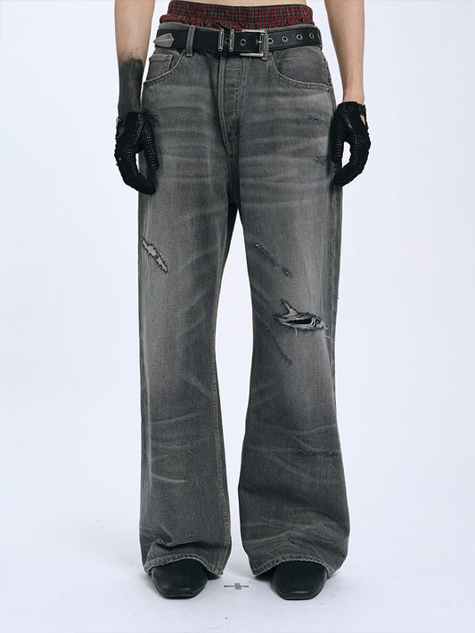RECORDS INC. ALONZO* BLOW-OUT Gray Heavily Distressed Jean